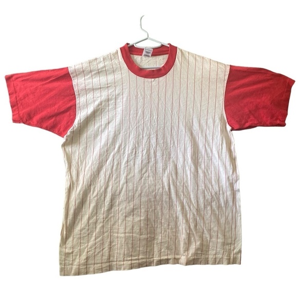 Vintage 90s Fruit of the loom single stitch striped Red shirt USA made grunge - Picture 2 of 9